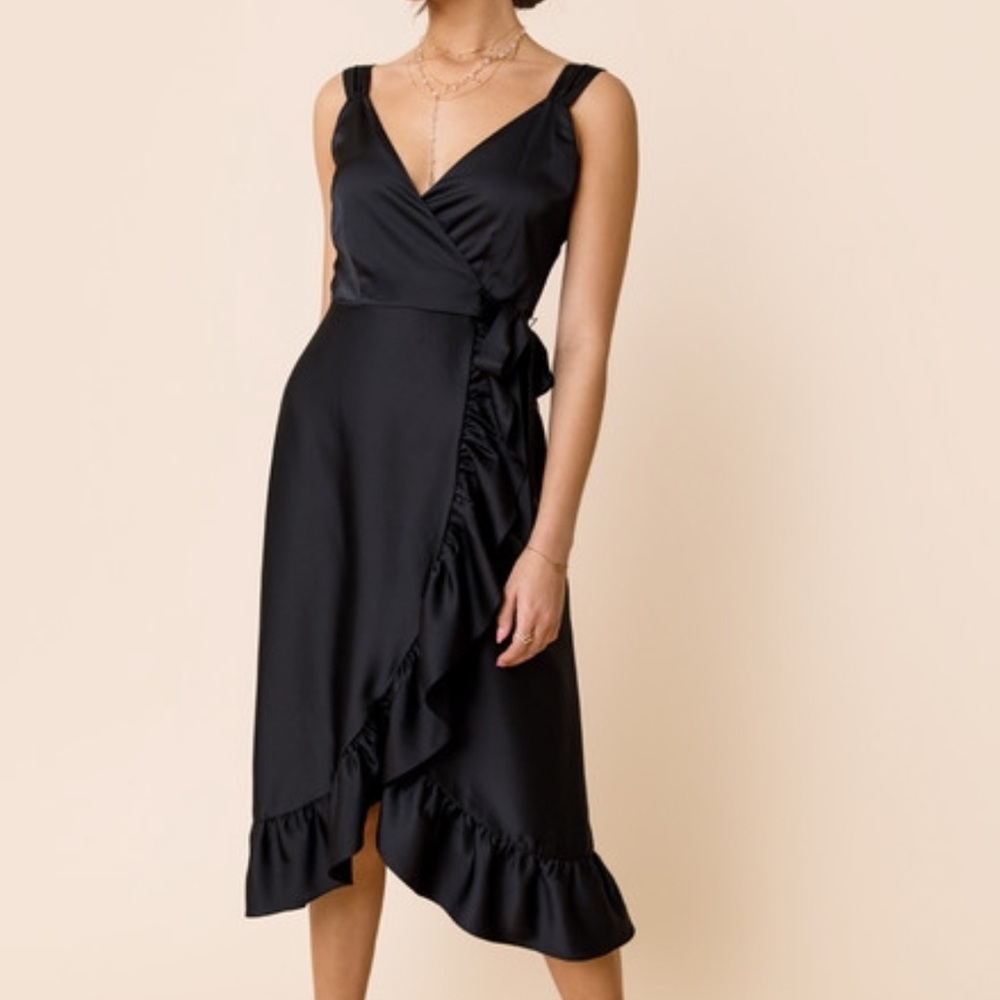 New Francesca’s “Blue Rain” black true wrap dress ruffle Sz xs formal black tie